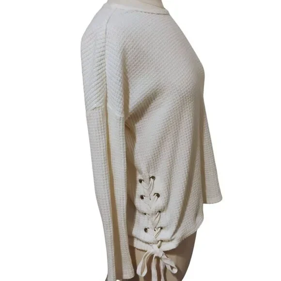 Z Supply Top Women's Thermal Waffle Knit Boho Laced Side Ties Oversized Cozy XS - Picture 4 of 13